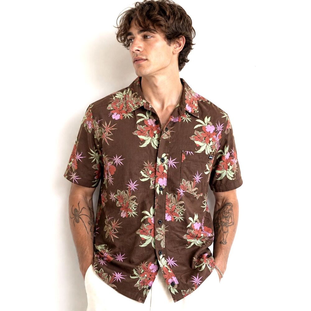 Billabong Men’s NWT Floral Button Up Shirt Brown Tropical Cotton Size S